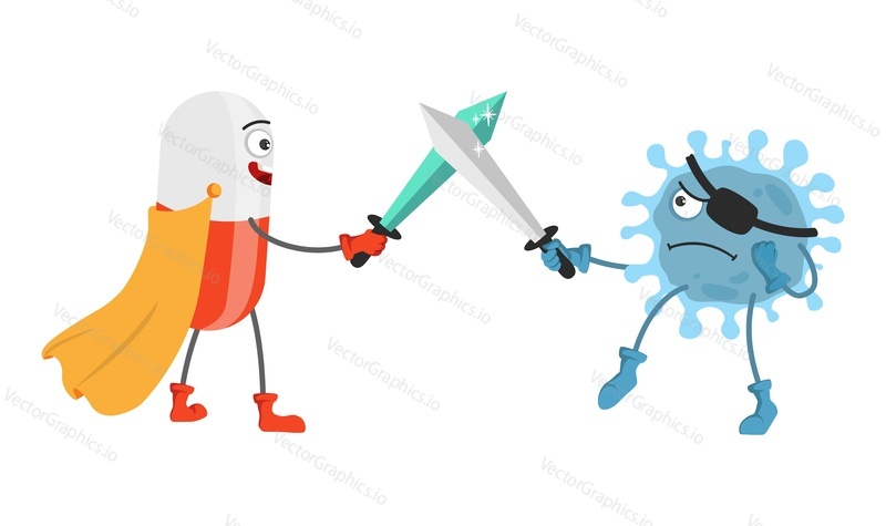 Cute strong superhero pill fighting against virus on swords vector illustration. Medication and infection battle isolated on white background. Medical capsule tablet fighting microbe