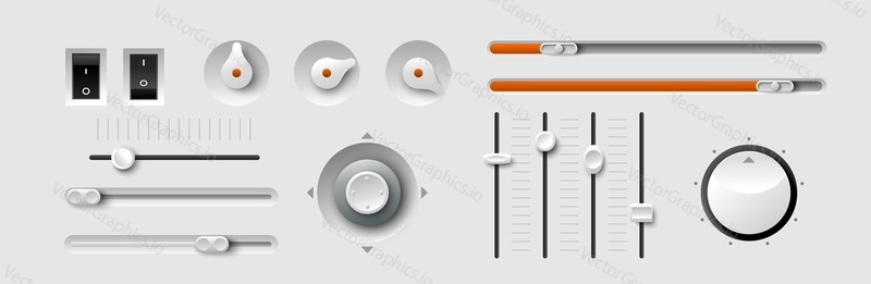 Realistic volume dial vector. Metal and plastic radio knob. Stereo sound round tuner, slider and button. Fader and tumbler with control scale. 3D panel switcher set illustration