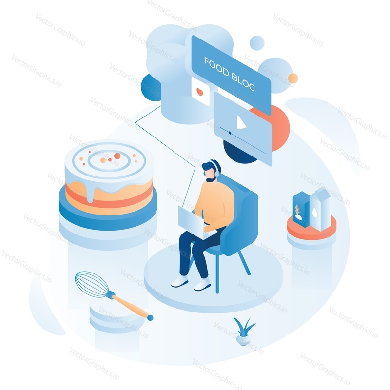 Man watching food blog with cake making recipe vector. Confectioner vlog content. Online video tutorial with dessert preparation and follower isometric illustration