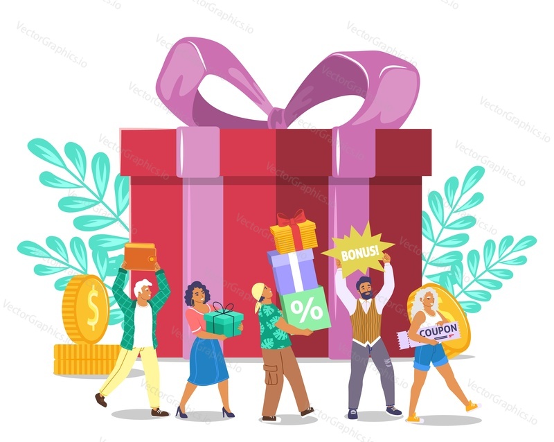 Customer loyalty reward program vector. People using bonus for shopping, online discount and coupon during retail sale illustration. Marketing, commerce and promotion