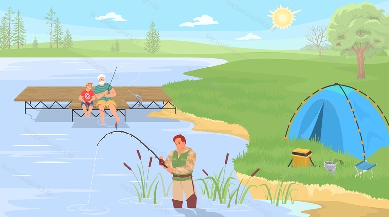 Семейная рыбалка, проводящая время вместе, мультяшная векторная иллюстрация. Хобби - рыбалка, путешествия, активный отдых и концепция кемпинга