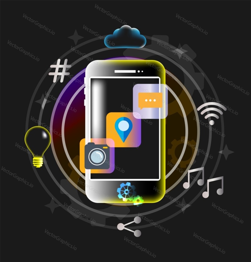 Mobile phone app development vector illustration. Smartphone interface design. Website software construction. Adaptive ui responsive ux template mockup
