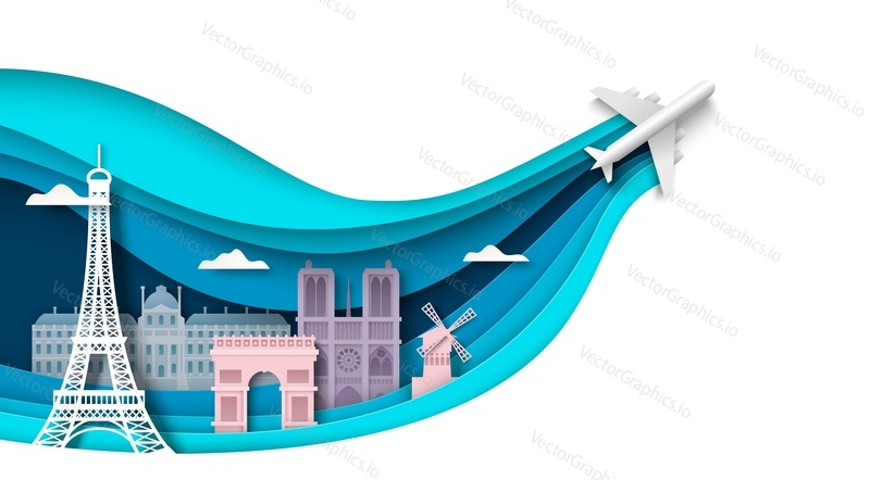 France world travel vector background. Paris city paper cut skyline with landmark building illustration. Postcard with cityscape panorama. Honeymoon vacation romantic trip