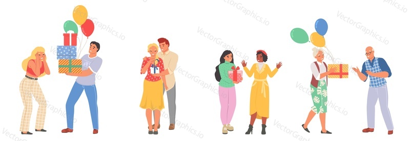 Happy adult mature and young people presenting gift on holiday vector scenes. Festive event, birthday party celebration. Love relationship and surprise concept. Loving family and couple illustration
