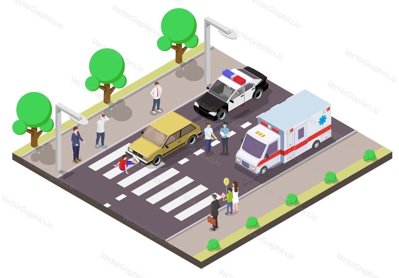 Pedestrian and car accident 3d vector illustration. Street crosswalk traffic rules breaking and city road safety concept. Danger situation. Urban scene with isometric people