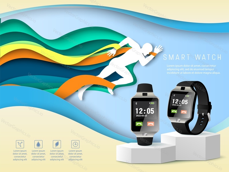 Smart watch technology with sport fitness tracker advertising vector poster, website banner realistic design. Woman running and using fitness tracking app to monitor workout and health indicator