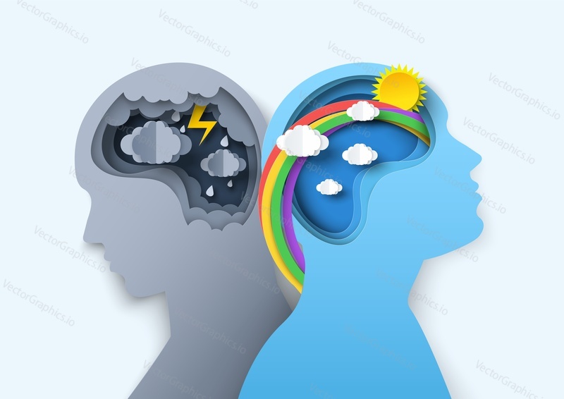 Positive or negative thinking vector illustration. Human head in profile with rainy cloud and sunny rainbow weather inside head. Mental health, mindfulness and stress management paper cut art