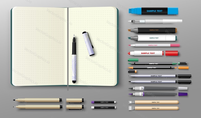 Calligraphy tools for drawing or sketching vector. Various crayons, pencil, pen, marker, inkpen and opened sketchbook realistic design
