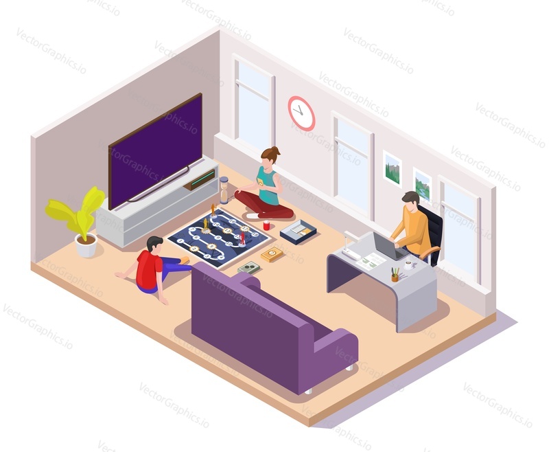 Freelancer man working at home vector illustration. Mother playing with kid son while father doing remote job. Happy family spending time in flat apartment