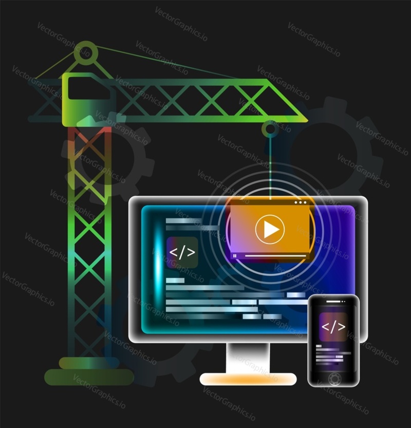 Web development, coding and programming vector banner template. Site construction service, web design studio for creation of digital software mobile, desktop platform