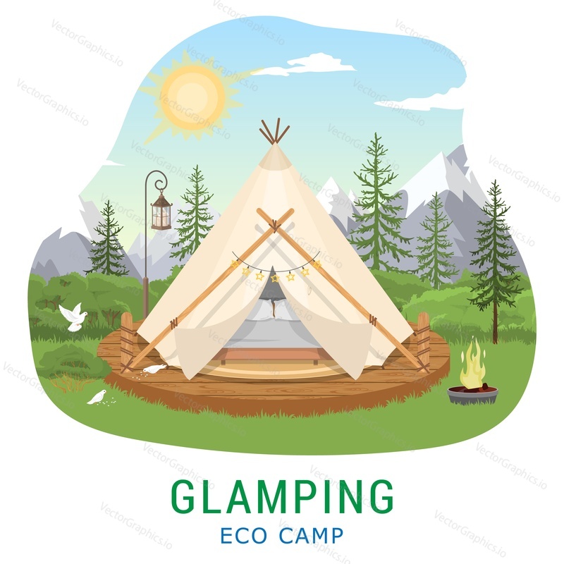Glamping advertising. Eco camp vector poster. Modern yurt camping nestled in forest and mountains. Travel, rest and adventure on nature concept. Tent house, bonfire over natural landscape