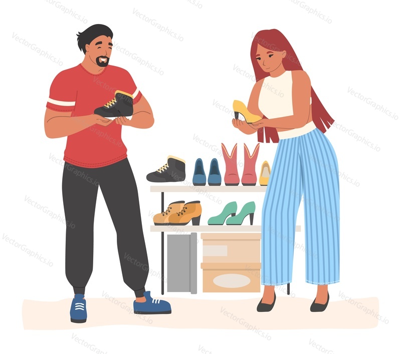 Couple in store choosing shoes vector illustration. Man and woman at retail shop mall buying footwear. Wide range of assortment on shelf. Young married family pair doing shopping together
