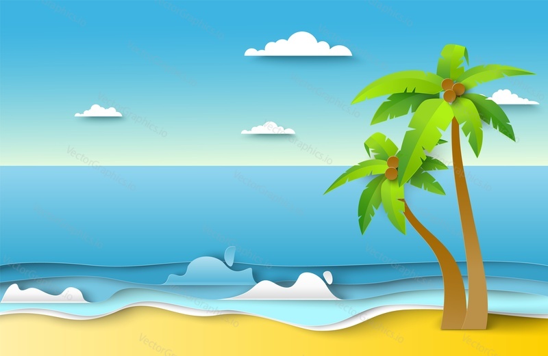Приморский пейзаж в стиле вырезки из бумаги. Векторный морской пляж с пальмами. Концепция тропического курорта, летнего отдыха и туризма, каникул и каникулярного отпуска