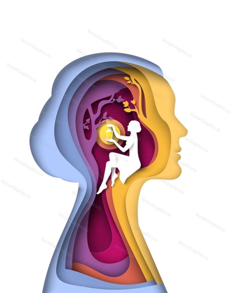 Inner world vector illustration. Female silhouette holding glowing lantern inside woman head paper cut art style. Self care, psychology and mental health concept