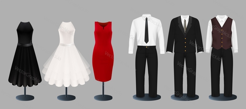 Suits and dresses on mannequin in row vector set. Elegant female and male garment. Fashion clothes and accessories exhibition. Shop store, clothing boutique illustration