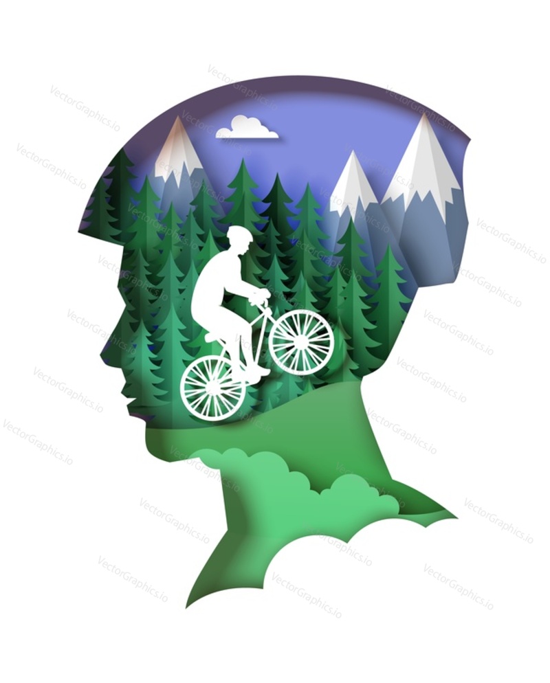 Креативный вектор езды на велосипеде по пересеченной местности. Голова велосипедиста в шлеме с иллюстрацией байкера, преодолевающего горный маршрут, выполненной в стиле вырезанного из бумаги искусства. Экстремальные виды спорта в горной местности
