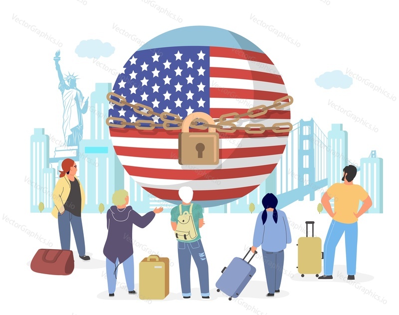 Closed borders to USA for immigration vector. People with luggage bag waiting for opening way to America illustration. Flag under closed with metal chain and lock over cityscape background design