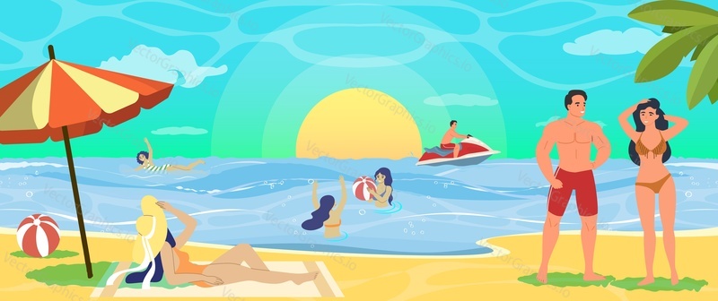 People tourist rest on tropical beach seaside vector illustration. Cartoon woman in bikini and man in swimwear having fun, sunbathing and enjoying summer vacation on resort