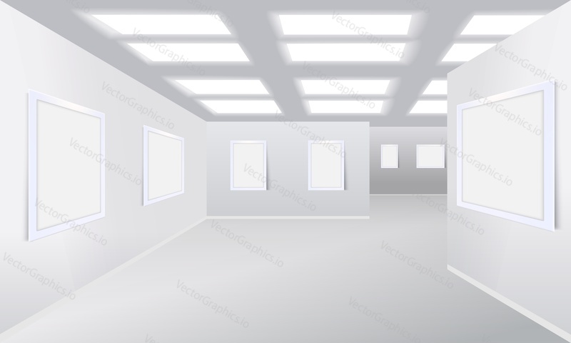 Art gallery, museum exhibition hall empty interior mockup. Painting, photography blank white, clean frames hanging on wall, illuminated lamps on ceiling3d realistic vector illustration