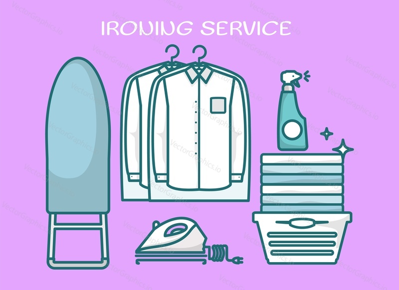 Iron service vector. Laundry and clothes cleaning illustration. Professional housework clothing ironing advertisement background
