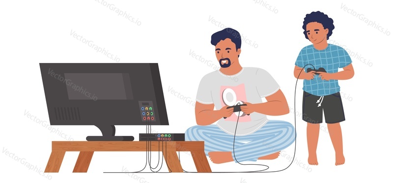 Father and son playing video game vector illustration. Dad and little boy with gamepads front of TV. Happy family leisure lifestyle, gaming entertainment and fun time together at home