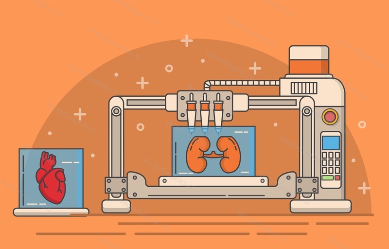 Medical 3d printer vector. Heart and kidney internal human body organ printing illustration. Medicine, engineering and modeling