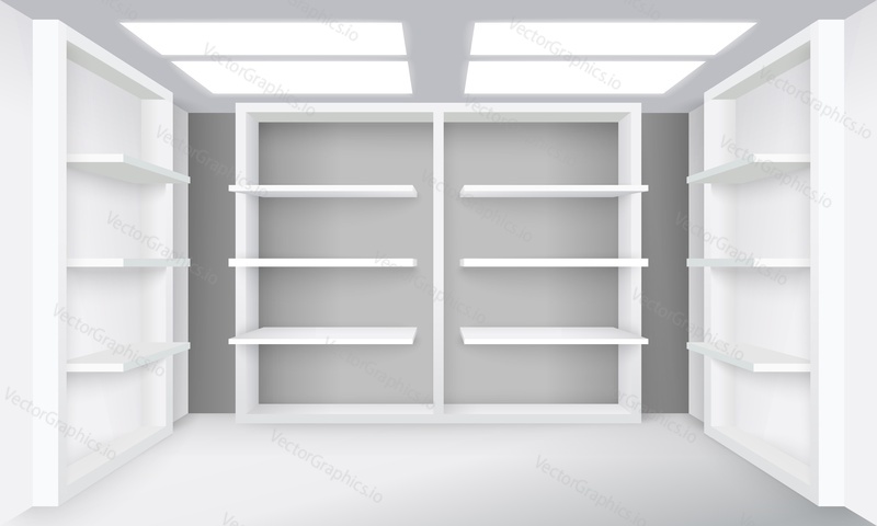 Store shelves mockup. Realistic shop room interior vector. Supermarket or retail market showcase design. Empty storefront illustration
