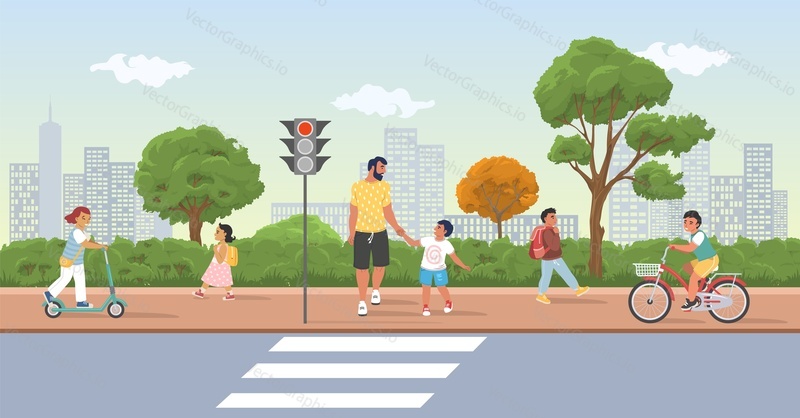 Дети движутся по уличной сцене. Векторный отец с ребенком, идущий по дорожному переходу. Городской фон