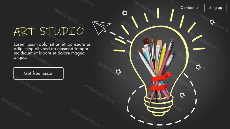 Art studio website banner or landing page template. Web page design for creative school class, craft course with lamp lightbulb and stationery design for drawing and creation