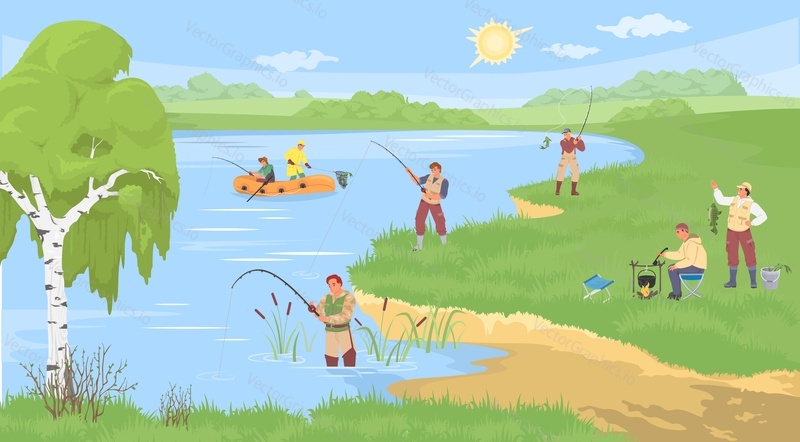 Люди, занимающиеся рыбалкой на берегу реки, мультяшная векторная иллюстрация. Рыбак с удочкой над природным ландшафтом. Концепция выходных на свежем воздухе и мужского досуга