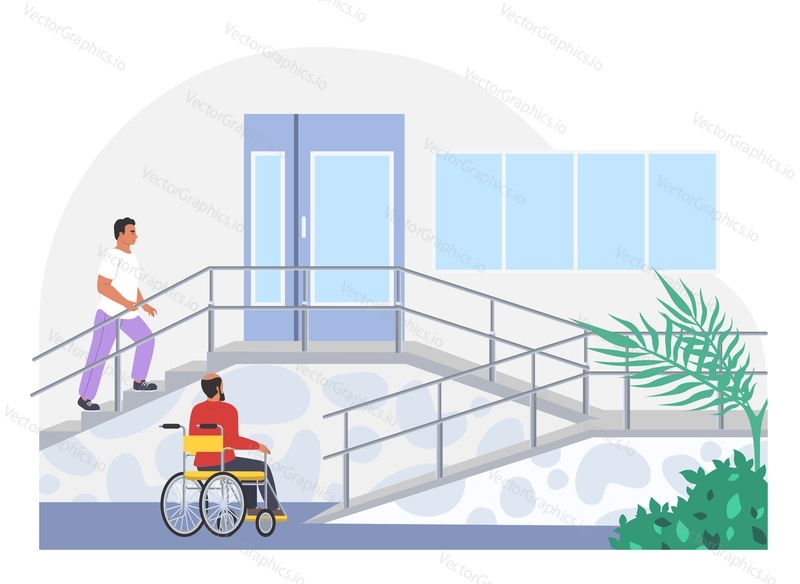 Barrier free environment for human with different physical abilities vector. Person with disabilities in society illustration. Man in wheelchair descends on ramp from building