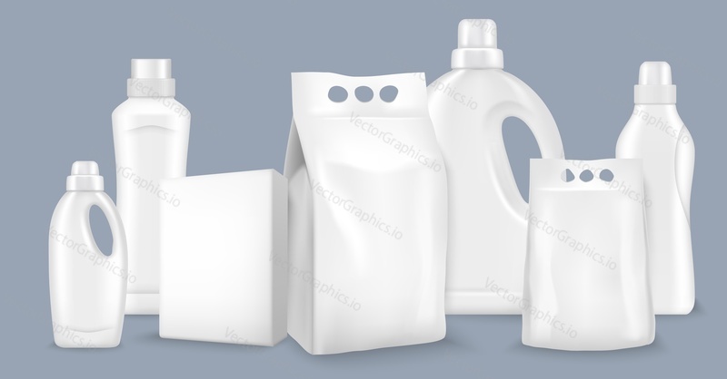Набор векторных бутылок для стирального порошка и контейнеров. Пластиковая упаковка для химикатов, отбеливателя и жидкого мыла с 3d-макетом. Иллюстрация шаблона пустой канистры для очистки