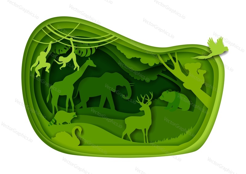 Zoo park vector in paper cut art craft origami style. Silhouette of wild creature in jungle forest. Save earth nature and exotic animal concept