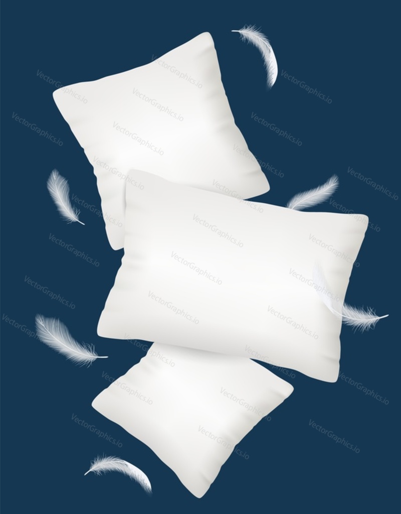 Вектор подушек. Удобный пушистый квадратный макет пустой подушки. Шаблон плаката с иллюстрацией домашнего текстиля для постельных принадлежностей и сна с летящим пухом и перьями
