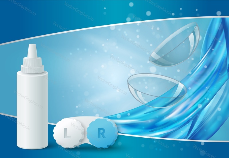 Рекламный плакат контактных линз. Реалистичная медицинская бутылочка для капель и контейнер для хранения поверх дизайна пузырьков с брызгами воды. Концепция офтальмологии, медицины и коррекции зрения