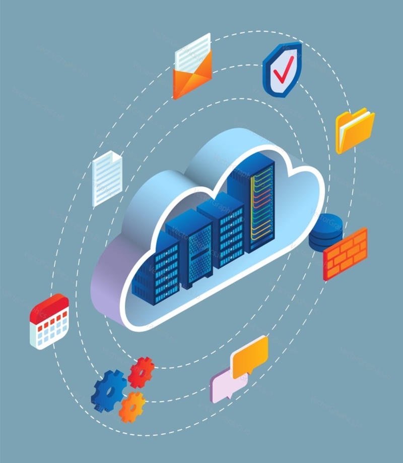 Cloud hosting service for virtual data storage isometric vector illustration. Business database backup and secure protection hardware