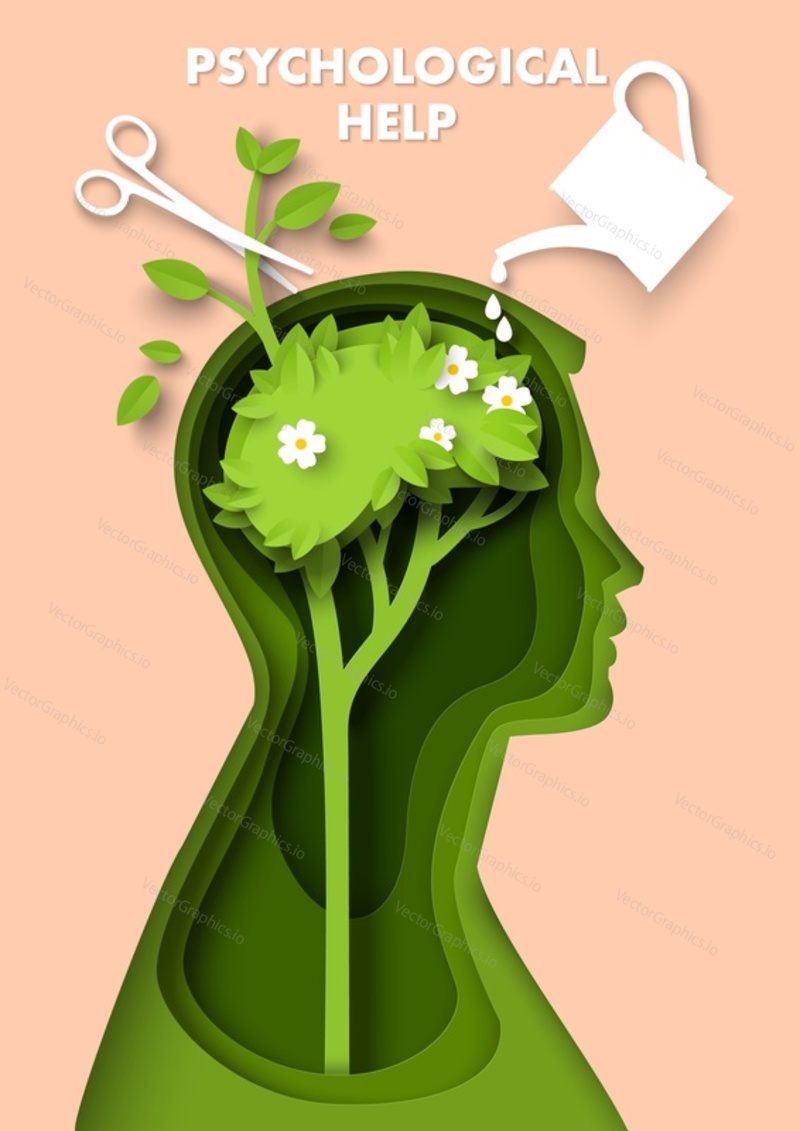 Psychological help and support vector illustration. Anxiety syndrome, ptsd an mental disorder therapy. Patient head with growing tree inside, watering can and scissors paper cut art style design