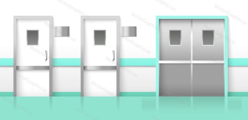 Hospital corridor with closed doors realistic vector background. Clinic hallway, emergency office interior or laboratory walkway illustration