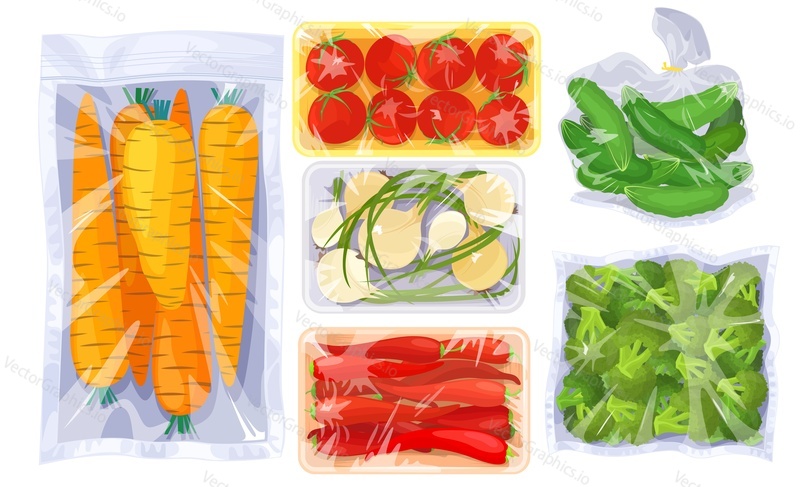 Plastic packages with fresh vegetable vacuum food isolated vector set. Sealed frozen supermarket pack with carrot, pepper, onion, cucumber, tomato and broccoli illustration