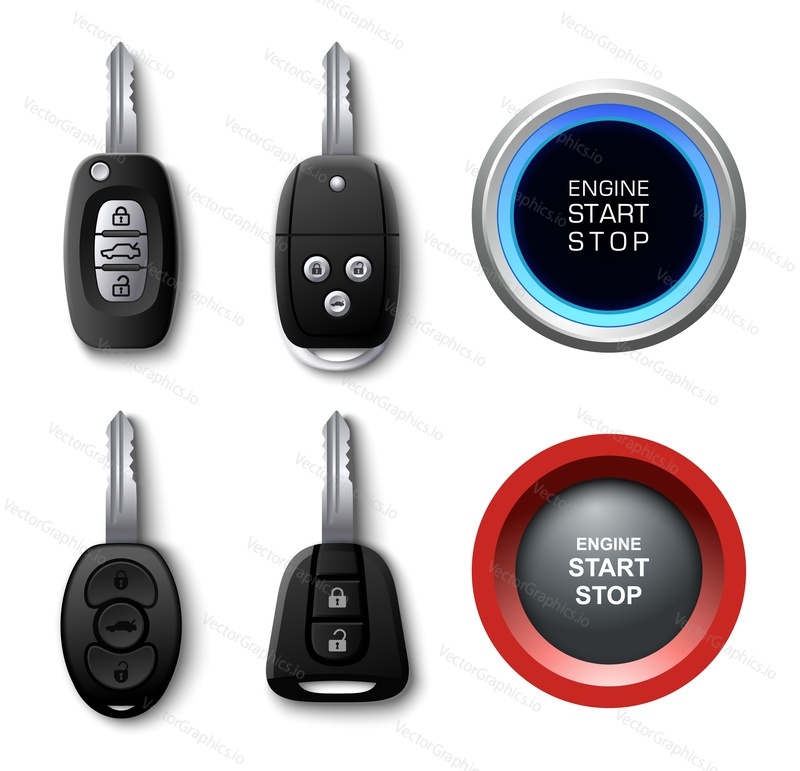 Car key vector. Ignition launching button and door lock 3d realistic mockup set. Electronic start and stop, access secure tool accessory illustration. Different drive modes