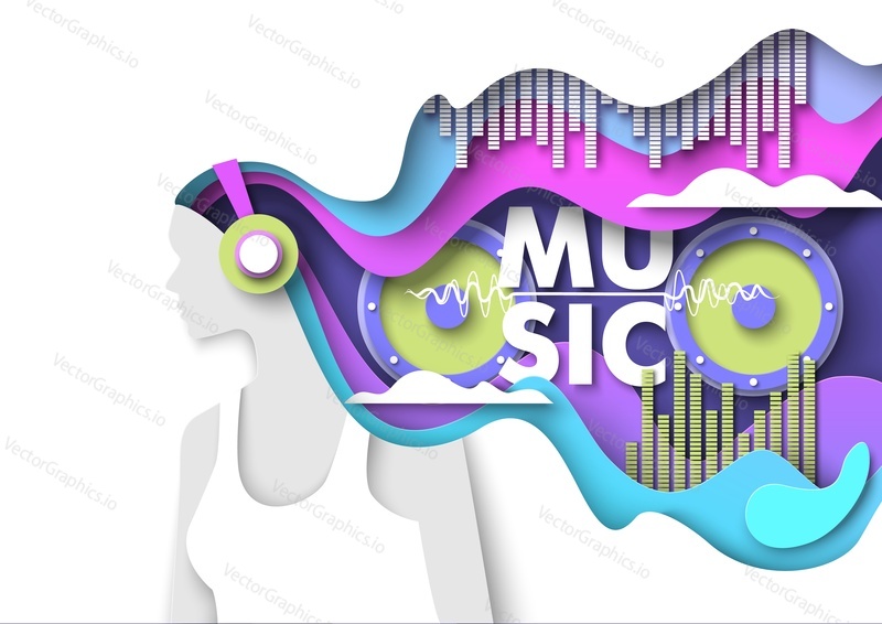 Music vector paper cut poster with girl listen melody via headphones. Loudspeaker and audio levels lines design. Disco party, disk jockey performance advertising background