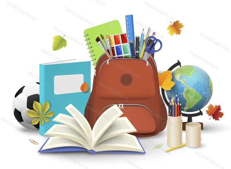 Back to school supplies and stationery vector illustration. Book and notebook, backpack with stationery, earth globe and football ball. Online education and learning start concept