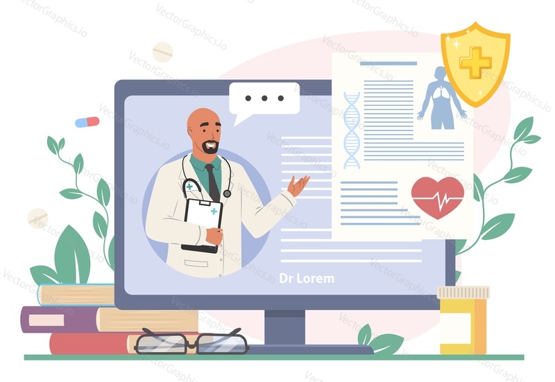Online doctor on pc computer screen vector illustration. Healthcare virtual service for patient medical consultation from home. Practitioner giving advice for treatment remotely