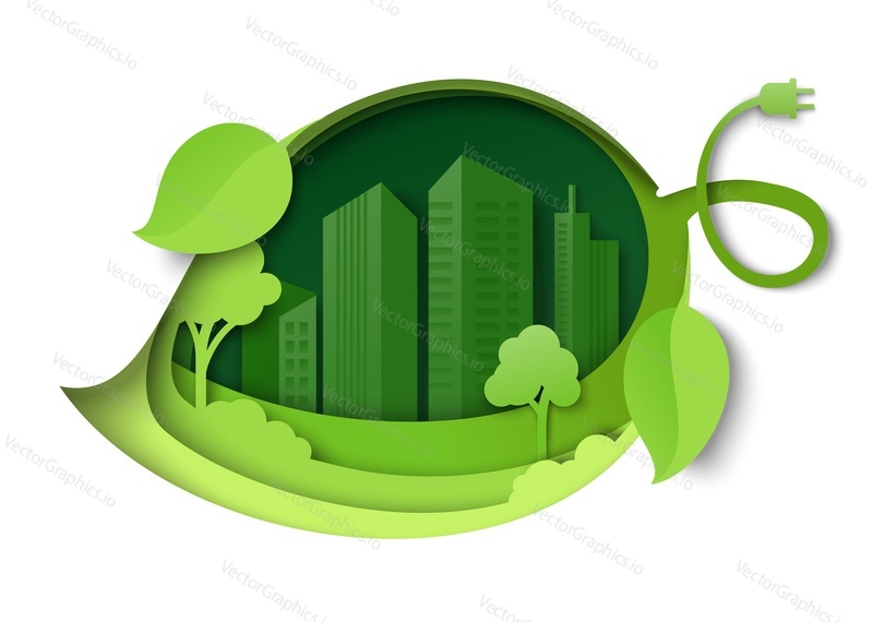 Green city eco energy vector. Environment and ecology save illustration. Town building cityscape background and power plug in paper cut art craft style design