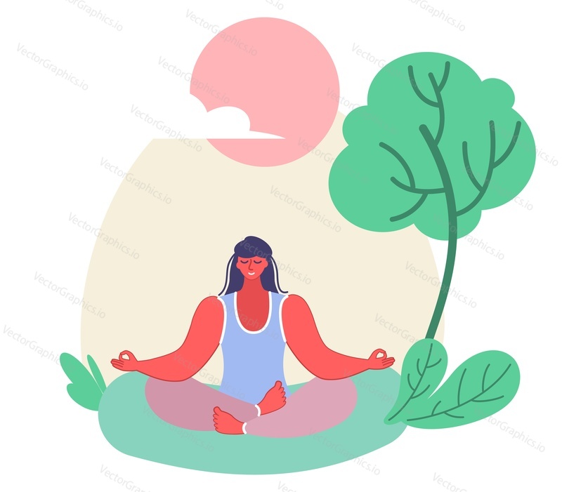 Молодая женщина, медитирующая на векторную иллюстрацию природы. Мультяшная девочка делает упражнения для снятия стресса, успокаивает разум, дышит для гармонии. Концепция йоги, медитации, расслабления, рекреации, здорового образа жизни