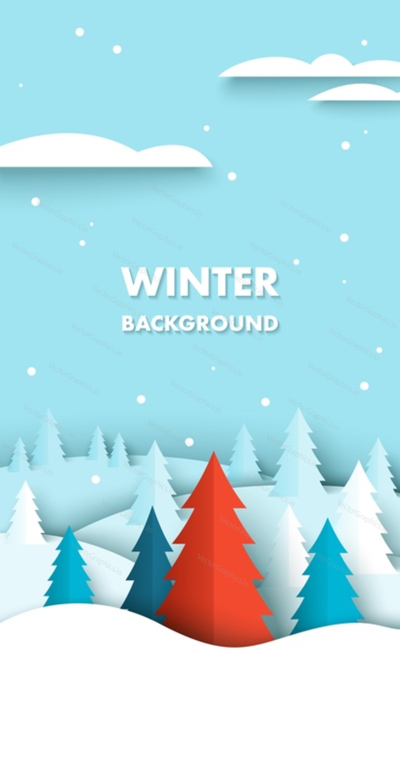 Winter background with coniferous trees vector illustration in paper cut craft art origami style. White blue and red fir spruce forest under snowfall 3d design. Christmas and new year holiday concept