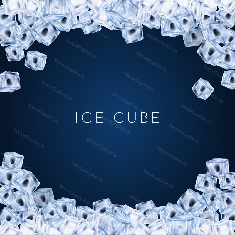 Фон из кубиков льда. Прозрачная холодная вода блокирует замороженную векторную рамку рамки для продвижения рекламы и дизайна анонсов. Плакат квадратной формы из прозрачного цельного стекла с ледяным кристаллом