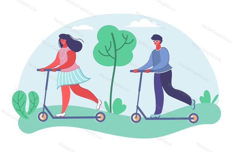 People riding scooter flat vector illustration. Young man and woman couple using eco-friendly transport. Happy active guy and girl enjoy summer fun time leisure activity
