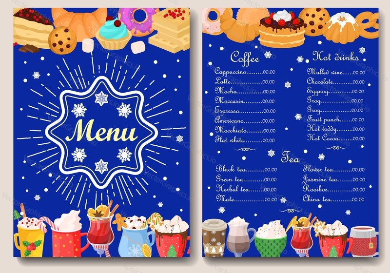 Winter hot drinks menu front and back vector design template. Christmas holiday cafe bar with food pastry dessert and beverage assortment cover illustration. Coffee-shop or tea store concept
