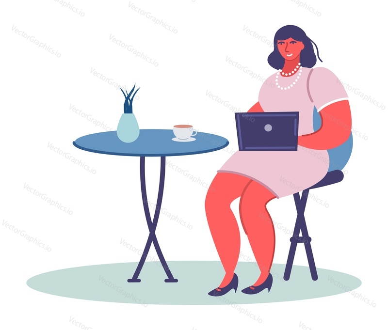 Женщина, работающая на ноутбуке, сидя за столиком кафе векторная иллюстрация. Неформальное рабочее место внештатных бизнесменов. Удаленная работа, дистанционная подработка, онлайн-занятие